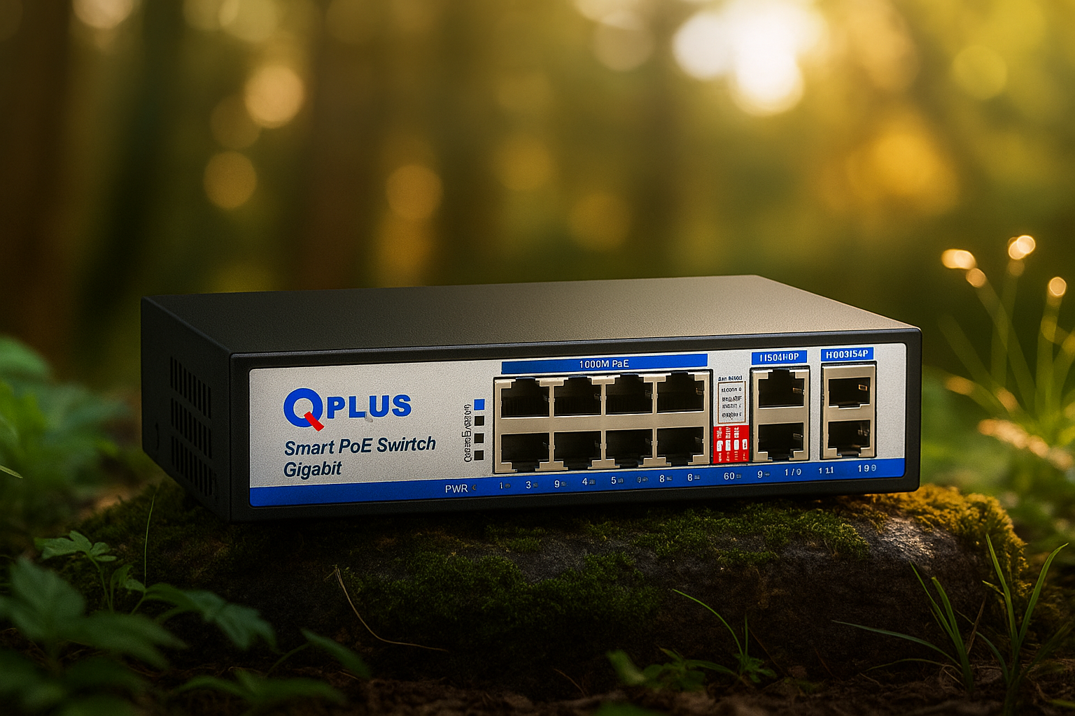 QPlus PL-PGA8002-S2 smart PoE network switch placed outdoors on a mossy surface with blurred forest background