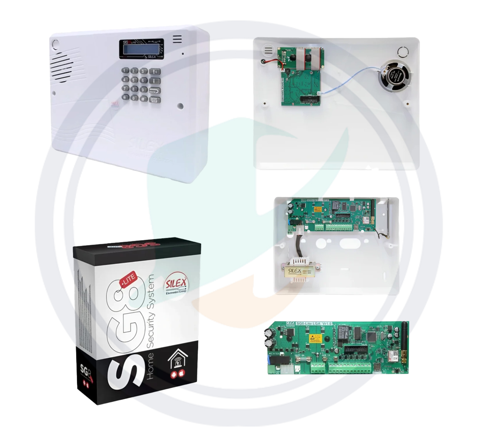 محتویات داخل جعبه دزدگیر سایلکس SG8 Lite شامل ریموت، فیوز، سیم و قطعات داخلی